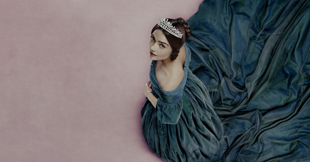 Shot of woman wearing flowing dress and crown from PBS series Victoria