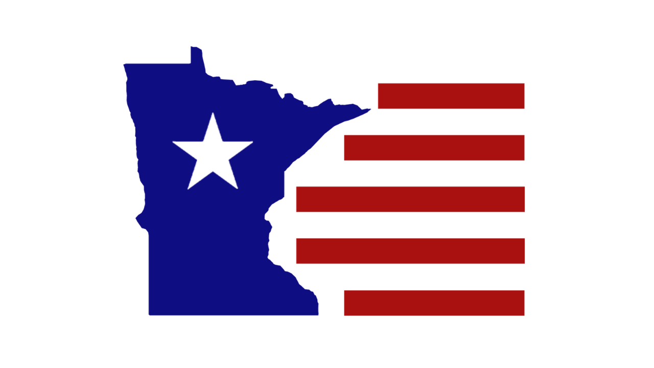 a shape of the state of mn in blue with a white star and five red rectangles on the right.
